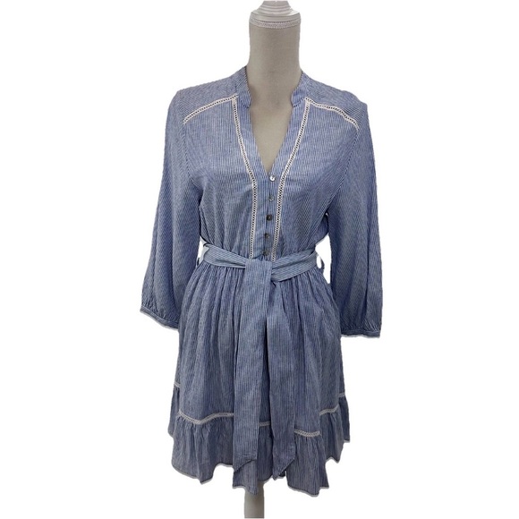 Zara Dresses & Skirts - ZARA BLUE WHITE STRIPED LINEN BLEND RUFFLE BELTED DRESS WITH LACE TRIMS SIZE XS